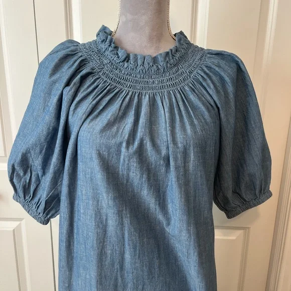 J. Crew Blue Denim Midi Dress with Smocked Neck - Picture 8 of 14